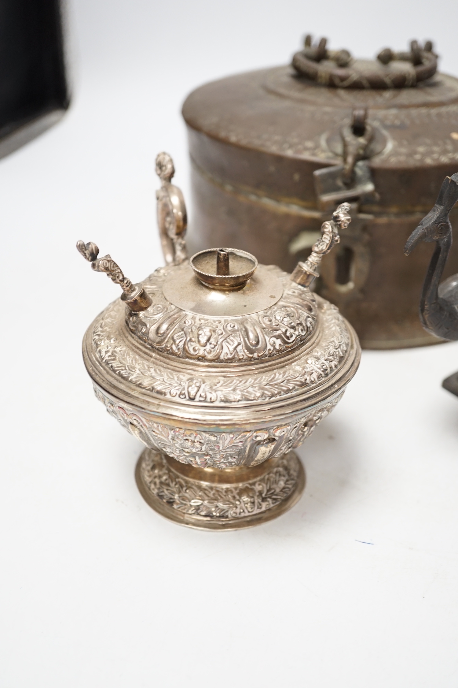 A hardwood stem hurricane lamp and assorted Indian brassware, lamp 71 cm high